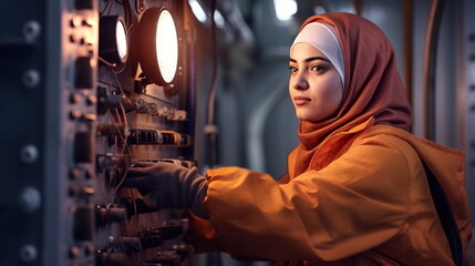 Female muslim electrician in hijab at work, portrait, professional, work, feminism