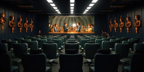 A silent cinema awaits, its empty hall lined with chairs, ready for a cinematic spectacle - obrazy, fototapety, plakaty