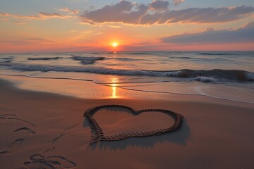Sunset illuminates sky above sea, waves caress sand forming heart, serene beach scene reflects romance, tranquility.  Golden hour at beach, ocean waves encircle sandy heart, natural beauty.
