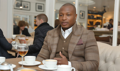 African American male barista, coffee shop owner small business.  Engaged businessmen conversing in cafe, one in brown blazer, other reflecting. men in conversation, business meeting in cafe setting,