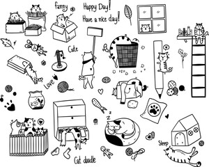 Cute funny cats, seamless pattern in element of doodle and vector illustration character design on white background style.