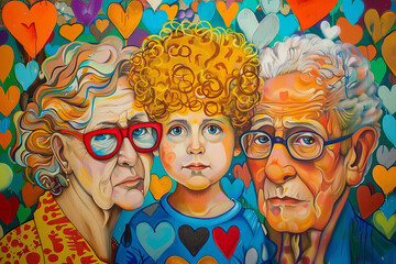 Colorful picture of a family with childrens drawings on the wall and hеarts
