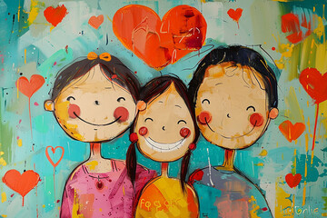 Happy family with hearts painted on the wall. Children's drawing with hearts - obrazy, fototapety, plakaty