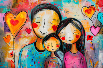 Happy family on a background of colorful graffiti. Concept of love and family values. - obrazy, fototapety, plakaty
