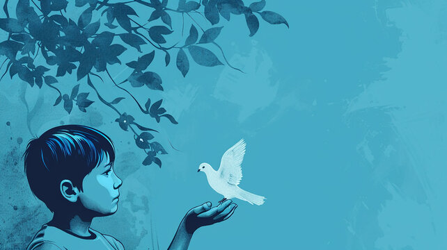 Boy with a dove in his hands. Vector illustration. Blue background. © Maria
