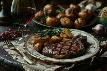 Seared T-bone steak beside roasted potatoes, garlic, and a fine wine, a classic setting for indulgent culinary affair. Sizzling T-bone with perfect grill marks, accompanied by herbs and vintage wine