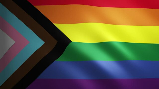 Progress Pride flag with fabric texture that moves in the wind. Smooth movement of the waving flag in a perfect loop. Sexual diversity and gender identity. Black, white, rainbow. 4k 60 fps animation.