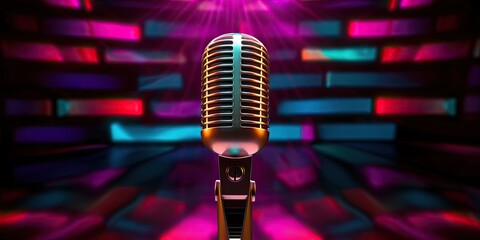 A vintage microphone stands poised on a stage ablaze with a kaleidoscope of colorful lights, evoking a nostalgic ambiance - obrazy, fototapety, plakaty
