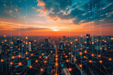 A cityscape at sunset overlaid with a glowing network of interconnected data points symbolizing technological connectivity.