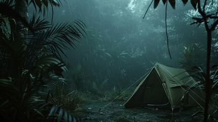 Nature background. Rain on the tent in the forest, tropic, quiet, calm, peaceful, meditation, camping, night, relax - obrazy, fototapety, plakaty