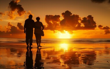Fototapeta premium Two silhouetted figures walk on a beach at sunset the sky and clouds are reflected on the wet sand