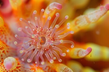 Fototapeta premium A close-up of a vibrant sea anemone amidst colorful coral underwater.