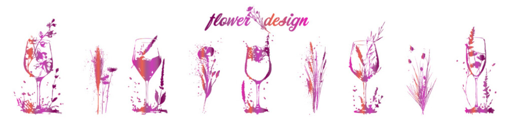 Flower design - vector elements. Design collection of glasses with ferns, flowers and grasses for flyers, brochures, invitation cards, advertising banners and menus. Brilliant colors.