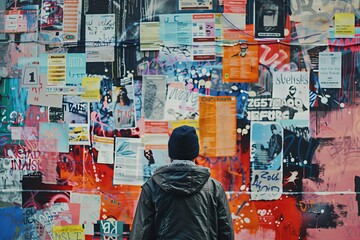 A person in front of a vibrant wall covered with various posters and graffiti.