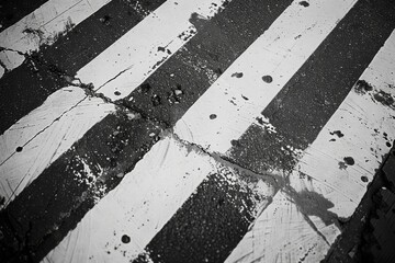 A worn zebra crossing on an asphalt street showing signs of use and weathering.