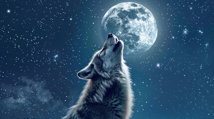 Wolf howling by full moon background