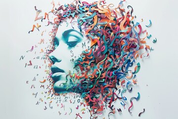 A vibrant abstract artwork of a woman profile with colorful cutouts and letters.