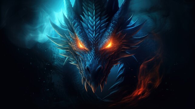 Bliskie zbliżenie smoka o niebieskich kolorze sk&oacute;ry z połyskującymi pomarańczowymi oczami, kt&oacute;ry wyłania się z ciemności i mgły. Szczeg&oacute;ły ostrych rog&oacute;w, zęb&oacute;w i łusek są widoczne na całej powierzchni