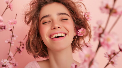 Obraz na płótnie Canvas Young Woman Blissful Among Cherry Blossoms Springtime Joy
