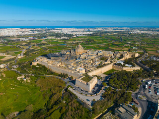 Fototapeta premium Mdina city, old capital of Malta island. Green fields