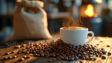 Tuinposter Tasty coffee in a cup on a table with coffee beans scattered around it © Alvaro