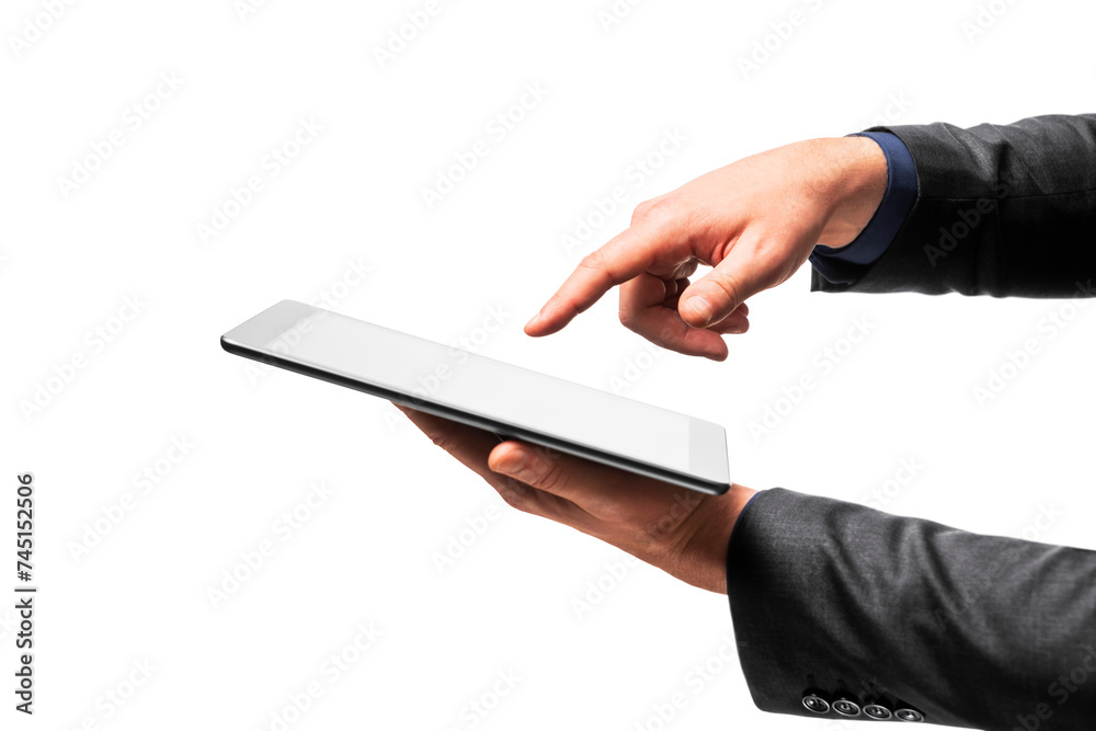 Poster close up of hand touching digital tablet screen on white background. interactive technology concept