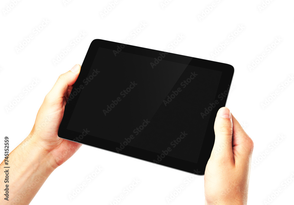 Poster two hands presenting a blank digital tablet, isolated on white background. interactive presentation 