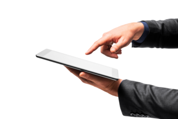 Close up of hand touching digital tablet screen on white background. Interactive technology concept