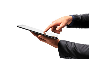 Hand swiping on the screen of a digital tablet, isolated on white. Technology interaction concept