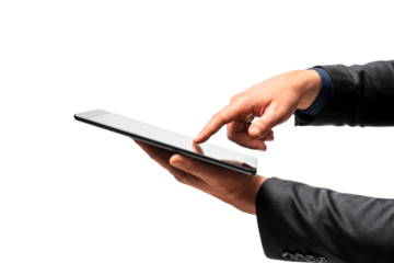 Hand swiping on the screen of a digital tablet, isolated on white. Technology interaction concept