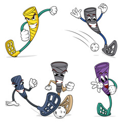 Set of funny floorball stick characters.