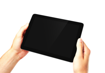 Two hands presenting a blank digital tablet, isolated on white background. Interactive presentation concept