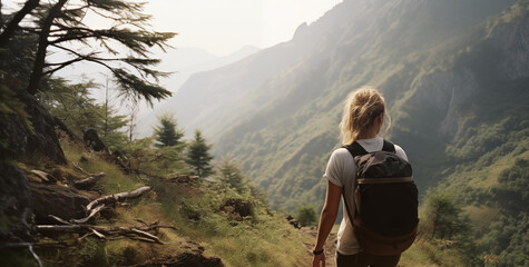 Woman Backpack Hiking Hiker Nature Travel Concept - obrazy, fototapety, plakaty