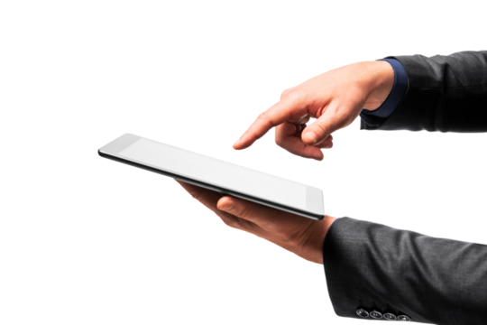 Close up of hand touching digital tablet screen on white background. Interactive technology concept