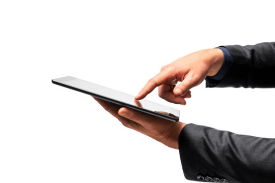 Hand swiping on the screen of a digital tablet, isolated on white. Technology interaction concept