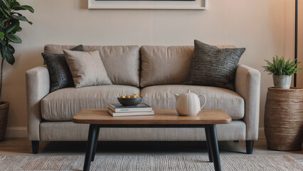 Cozy loveseat sofa near round accent coffee table. Scandinavian home interior design of modern living room in farmhouse