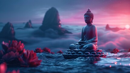 A sculpture of a meditating Buddha - obrazy, fototapety, plakaty