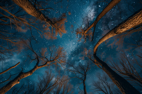 Beautiful night sky Milky Way and trees bottom view 90 degrees, Generative AI.