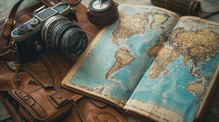 Camera and Map. Embark on a Vintage Journey Across the World's Geography. With Retro Illustrations and Vintage Paper Backgrounds - obrazy, fototapety, plakaty