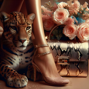 A leopard lays next to a woman's legs. Feminine elegant luxury style with glitter and rhinestones fashion generative ai