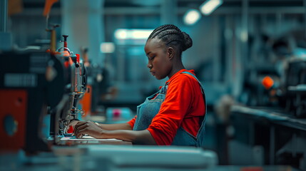 African woman working as a seamstress, sewer using equipment, textile industry, clothes design, diversity