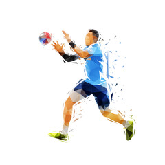Handball player catching ball, low poly isolated vector illustration, geometric drawing