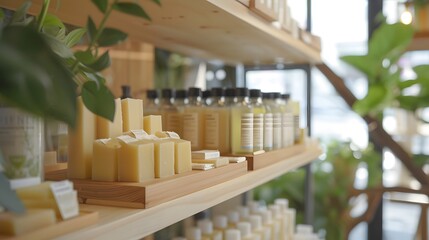 A shelf in a sustainable living store, offering a variety of eco-friendly soap and biodegradable shampoo. - obrazy, fototapety, plakaty