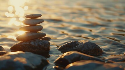 a pile of pebbles by water at sunset,  meditation, peace, mindfulness and calm, bokeh background 