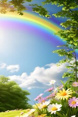 A floral and natural background with different colorful flowers and leaves on borders and blank space in centre for writing text 