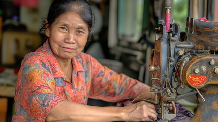 Seniour asian woman working as a seamstress, sewer using equipment, textile industry, clothes design, diversity - obrazy, fototapety, plakaty