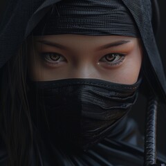 Naklejka premium a Japanese woman donning a black ninja hood, epitomizing the essence of strength and stealth in martial arts. Generative AI.