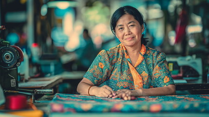 Seniour asian woman working as a seamstress, smiling,  using equipment, textile industry, clothes design, diversity
