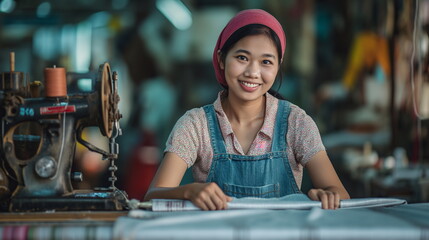 Fototapeta na wymiar Asian woman working as a seamstress, happy and smiling, using equipment, textile industry, clothes design, diversity