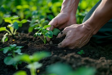 Fototapeta premium Man's hands plant seedlings in the ground, a small green plant. Farmer's hands plant a sprout